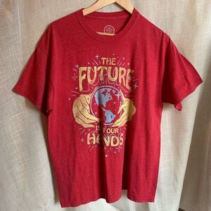 Vintage DOM Graphic Tee Mens Large Red The Future Is in Your Hands Earth 90s Y2K